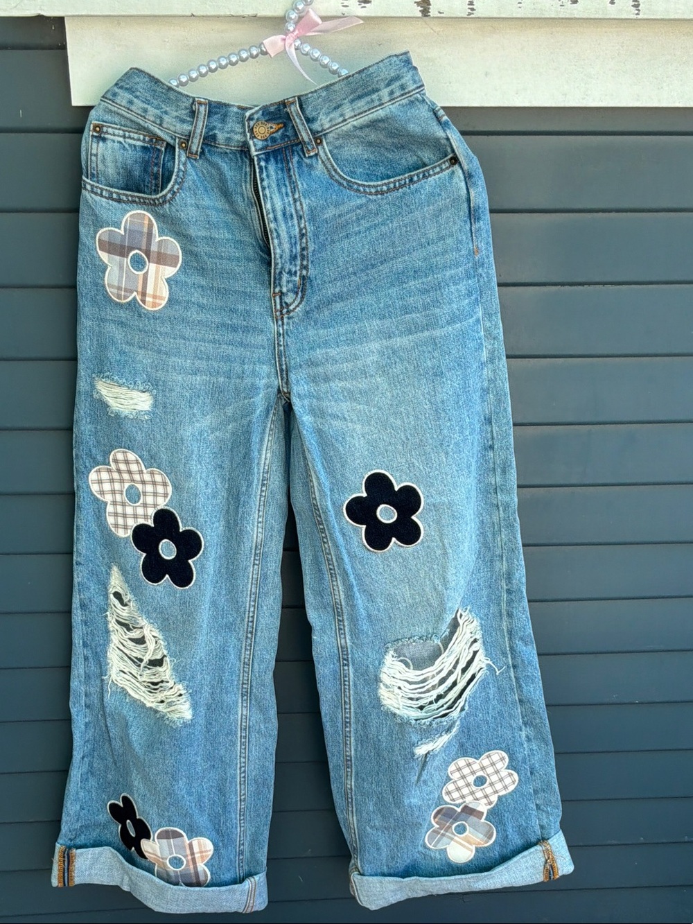 BDG Light Blue Distressed Boyfriend Jeans with Floral Patches